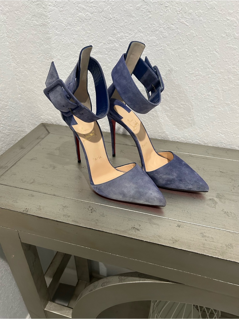 Christian Louboutin Navy Blue Suede Pointed Toe Pumps with Ankle Strap